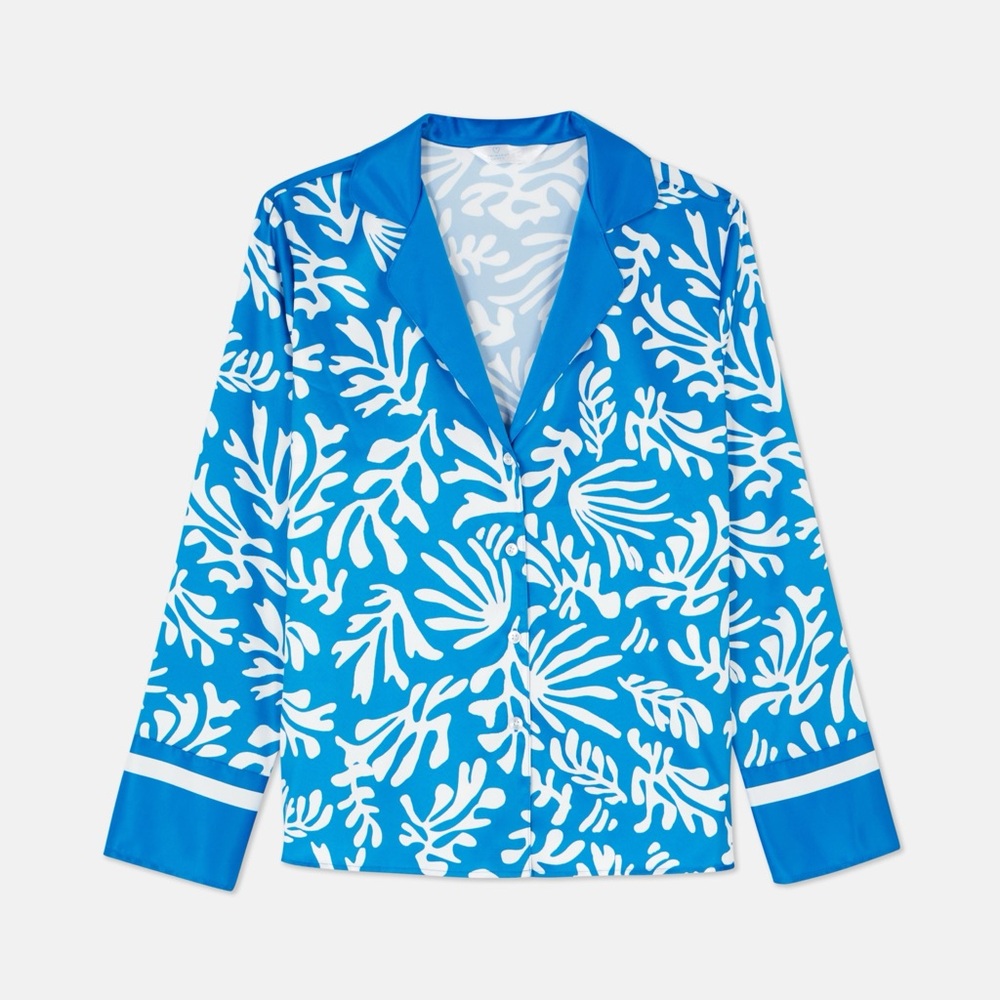 Women's Blue & White Printed Pajama Top - Relaxed Sleep Shirt